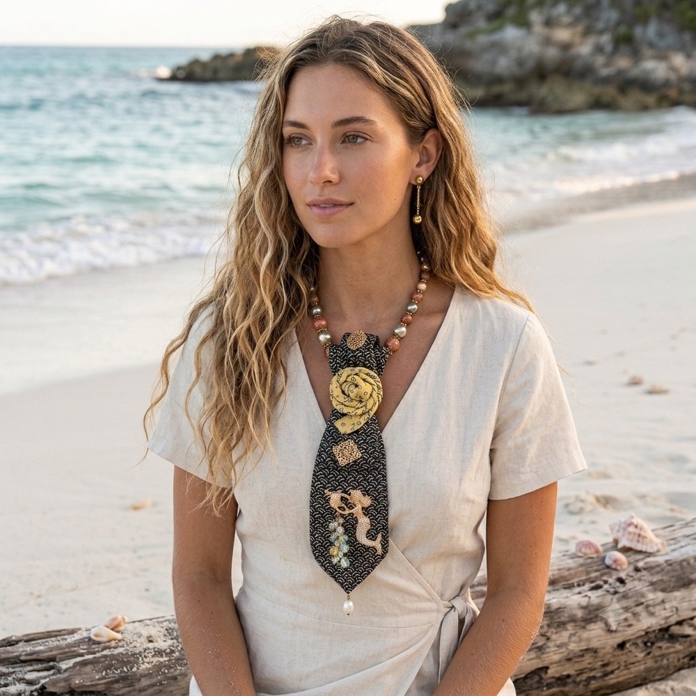Tommy Hilfiger Upcycled Silk Tie Statement Necklace Mermaid Brooch Earring Set - Picture 1 of 10